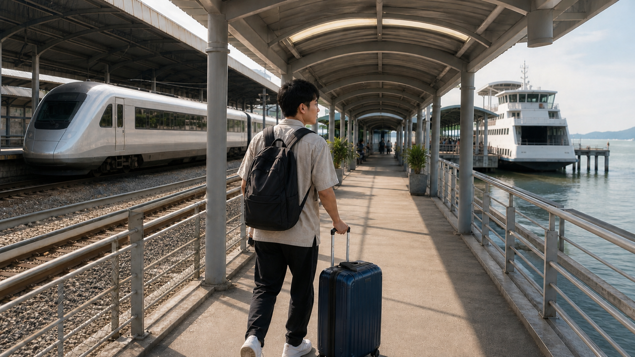 旅客帶著行李從 Butterworth 城際列車站走向檳城渡輪碼頭
