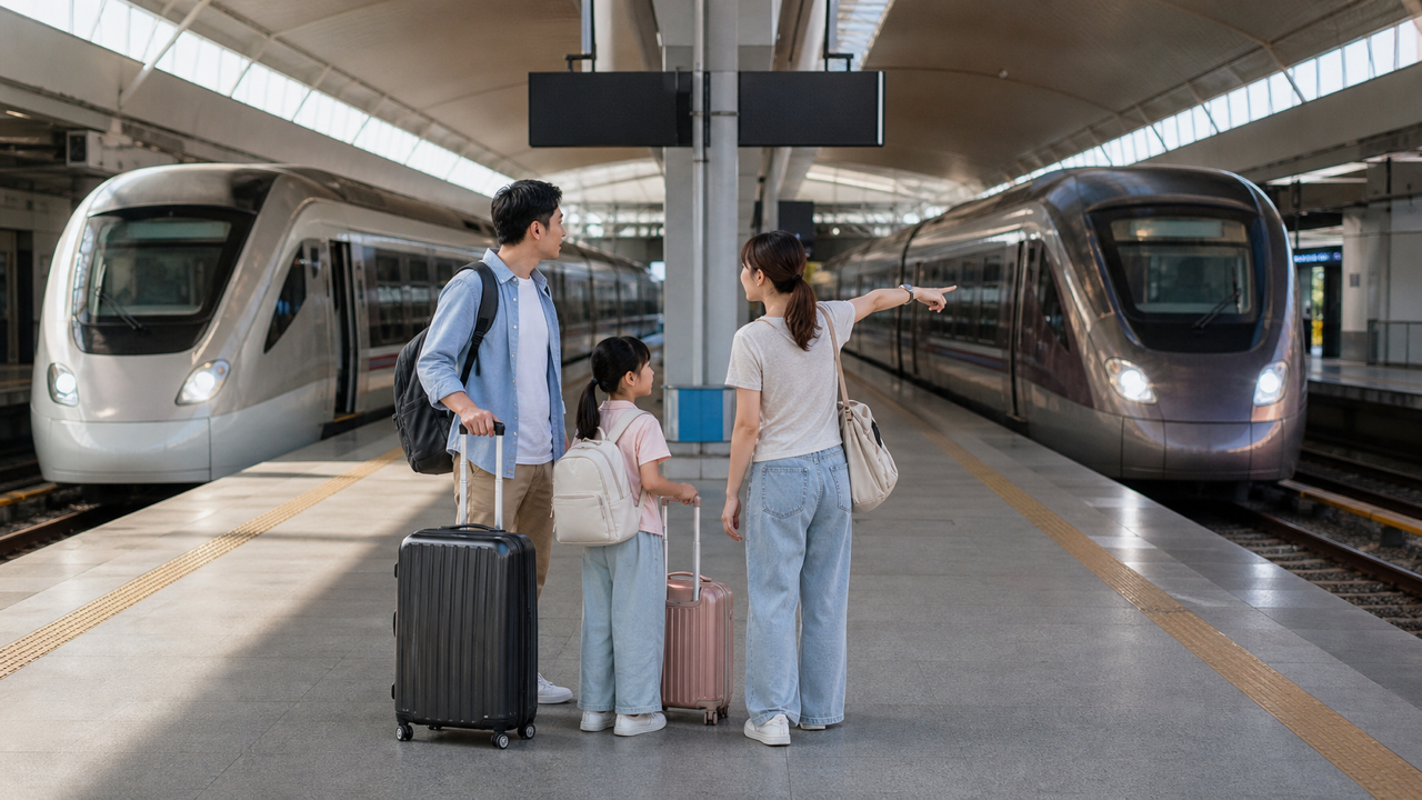 旅客在吉隆坡機場鐵路月台確認直達與停站列車的搭乘方向