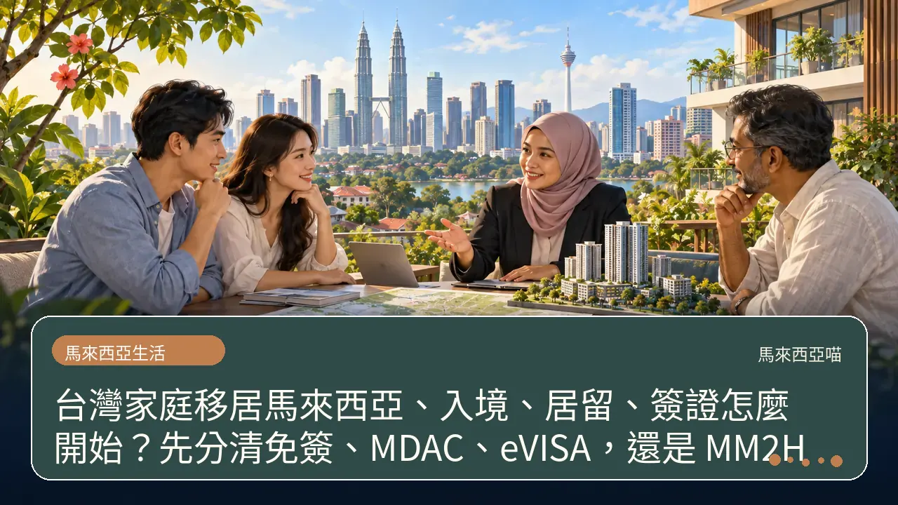 台灣家庭移居馬來西亞、入境、居留、簽證怎麼開始?先分清免簽、MDAC、eVISA,還是 MM2H主題插畫